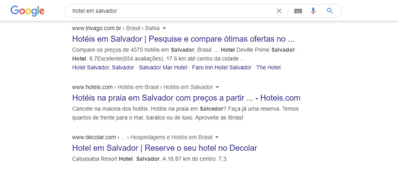 Ranking orgânico Google palavra-chave Hotel em Salvador